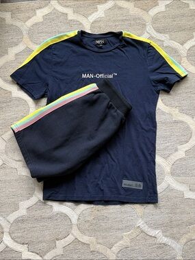 BoohooMAN Men’s S Navy Tee & Shorts Set with Pastel Stripes